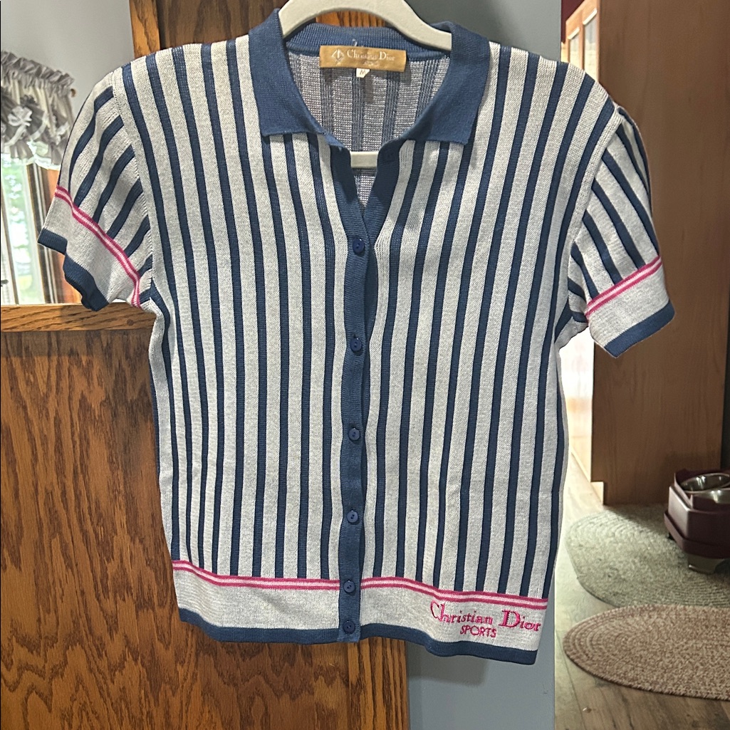 Dior Blue & White Striped Button-Down Polo Top